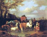 drovers with cattle and goats fording a stream